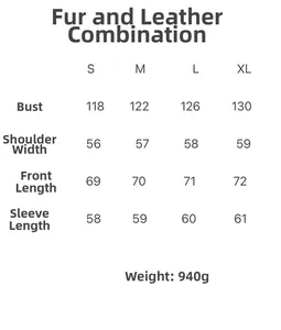 Detailed size chart for leather jacket with measurements for bust, shoulders and length