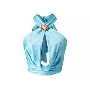 Light blue tie-dye halter crop top for women featuring a gold seashell metal accessory