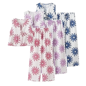 Women's 2-piece printed pajama set with V-neck top and high waist wide leg pants