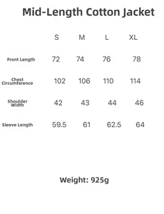 Detailed size chart for mid-length hooded parka with fleece lining and weight specs