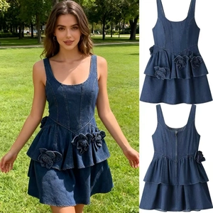 Elegant Sleeveless Denim Style Mini Dress With 3D Flower Applique Tiered Ruffle Hem High Waist Corset Back Zipper Dress