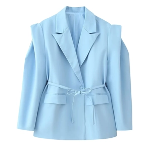 Light blue cinched blazer with shoulder pads and waist tie belt for a sharp look