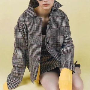 Women Vintage Houndstooth Plaid Padded Jacket Button Up Lapel Outerwear Casual Loose Long Sleeve Check Coat For Winter