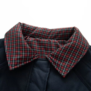 Classic black Harrington jacket for women featuring red plaid lining on the collar