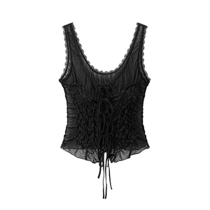 Haut corset noir sans manches pour femme avec dentelle et laçage sur le devant