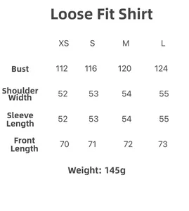 Size chart detail for loose batwing sleeve blouse with chest and length measurements