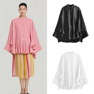 Women Loose Ruffle Satin Blouse Elegant Mandarin Collar Long Sleeve Shirt Casual Romantic Solid Color Fashion Top For Ladies