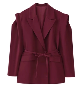 Women's broad shoulder blazer in deep burgundy wine red with waist-tie belt