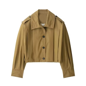 Short khaki women jacket with large lapel and pleated sleeves on white background