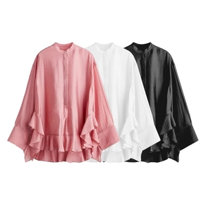 Women's batwing sleeve blouses with stand collar and ruffled hem in pink, white, and black