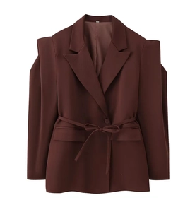 Women's dark brown belted blazer with structured shoulders and matching waist tie