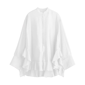 Women's white loose batwing sleeve shirt with ruffles and mandarin collar in white