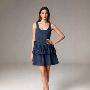 Sleeveless dark blue denim dress with layered skirt and 3D floral accents for women