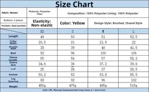 Guide des tailles détaillé pour veste en tweed jaune pour femmes avec mesures et tissu