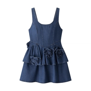 Sleeveless dark blue denim dress for women featuring layered ruffles and 3D floral accents