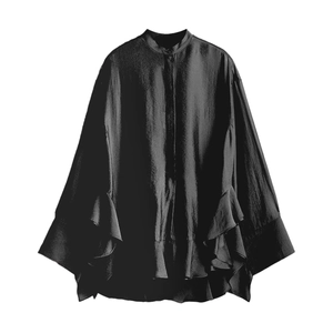Women's loose black long sleeve blouse with batwing sleeves and ruffle hem detailing