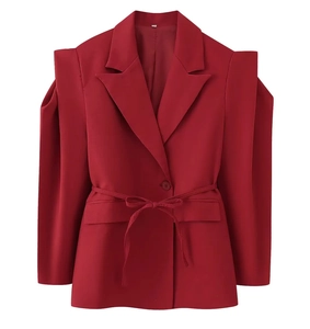 Women's burgundy waist-tie blazer with unique pleated shoulders and tailored fit