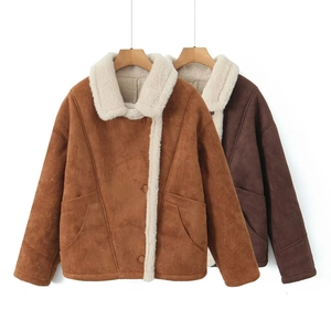 Women's vintage oversized shearling jacket with faux suede fabric and plush fur collar
