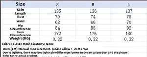 Detailed size chart for printed mesh halter maxi dress with fabric and weight info