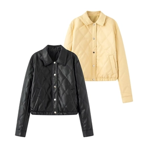 Quilted faux leather jackets in black and beige with turn-down collars and metal buttons