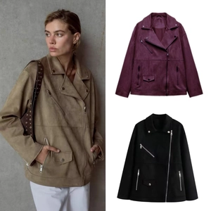 Veste Biker Décontractée en Suédine pour Femme Fermeture Éclair Asymétrique Revers Manteau Moto Couleur Unie Manches Longues