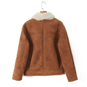 Detailed back view of a brown suede jacket with a white faux shearling collar