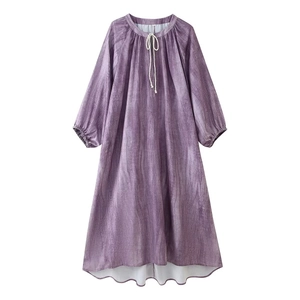 Women Elegant Polyester Tie Dye Midi Dress Round Neck Drawstring Lantern Sleeve High Low Hem Loose Vacation Dress