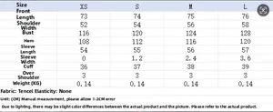 Size chart for ruffle solid shirt featuring measurements from XS to L in centimeters
