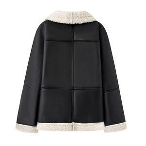 Back view of black faux leather shearling jacket with cream wool trim and stitching