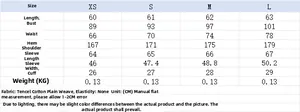 Detailed size chart for solid color pleated shirt showing length and chest measurements