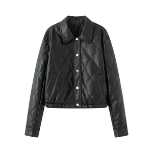 Women's modern quilted PU leather short jacket with turn-down collar and snap buttons