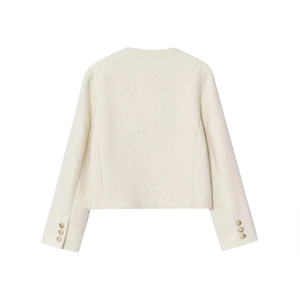 Back view of elegant ivory tweed jacket featuring golden embossed buttons on cuffs