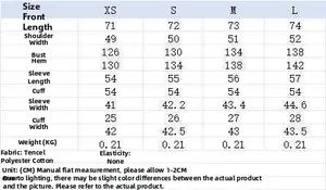 Detailed size guide table for women poplin shirt with measurements in CM from XS to L