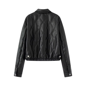 Modern quilted black PU leather jacket for women with lapel and silver snaps from back view