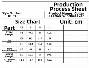 Detailed size chart for the women's lapel leather trench coat in sizes XS to L