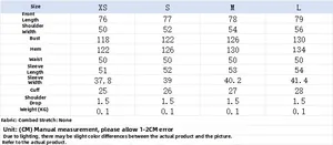 Detailed size chart for button pleated shirt showing XS to L measurements in centimeters