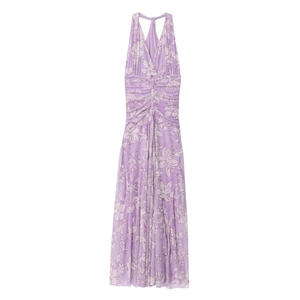 Women Halter V Neck Floral Print Mesh Maxi Dress Backless Ruched Summer Elegant Sleeveless A Line Party Vacation Dress