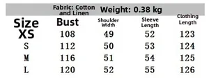 Size chart table for women's striped linen dress with chest and length measurements