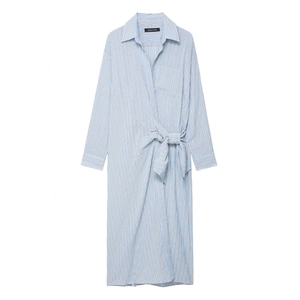 Women Elegant Vertical Stripe Shirt Midi Dress Long Sleeve Lapel Neck Tie Waist Casual Light Blue White Striped Office Dress