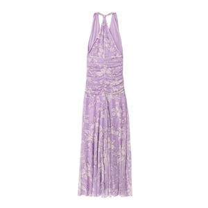 Purple floral print mesh maxi dress featuring a halter neck and smocked body detail