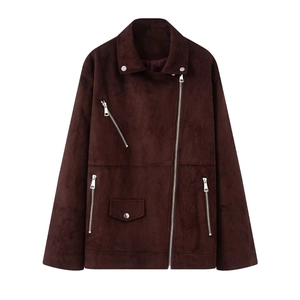 Veste perfecto pour femme en daim bordeaux avec fermetures éclair argentées et revers