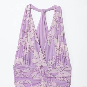 Floral print halter neck maxi dress in purple mesh with pleated waist detail