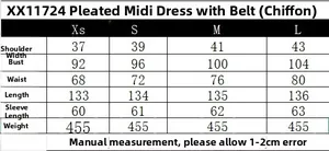 Detailed size chart for pleated midi dress with belt showing shoulder and bust measurements