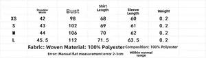 Size chart for women's shirt and trousers set with detailed measurements in centimeters