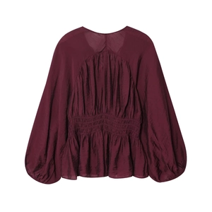 Elegant wine red pleated back blouse with high-waist ruching and lantern sleeves