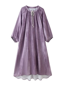 Detailed view of purple tie-dye linen maxi dress with drawstring neckline and elastic cuffs
