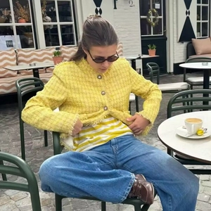 Élégante Veste en Tweed Jaune Femme Col Rond Bordure à Franges Manches Longues Boutonnée Vintage Casual Mode Manteau Court Top