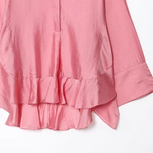 Elegant bright pink long sleeve satin shirt for women with tiered ruffle hem and silky finish