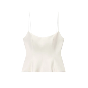 Elegant ivory white spaghetti strap top with a structural peplum hem for women