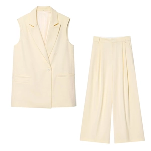 Tenues Femme Gilet Sans Manches À Double Boutonnage Et Pantalon Large À Taille Haute Plissé Professionnel Élégant
